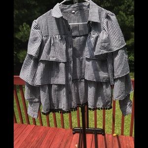 LONG SLEEVE BLUE AND WHITE GINGHAM BLOUSE